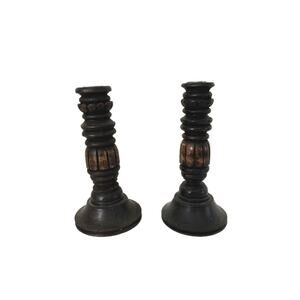 Pair of Carved Wood Candlestick Holders 8" x 4"